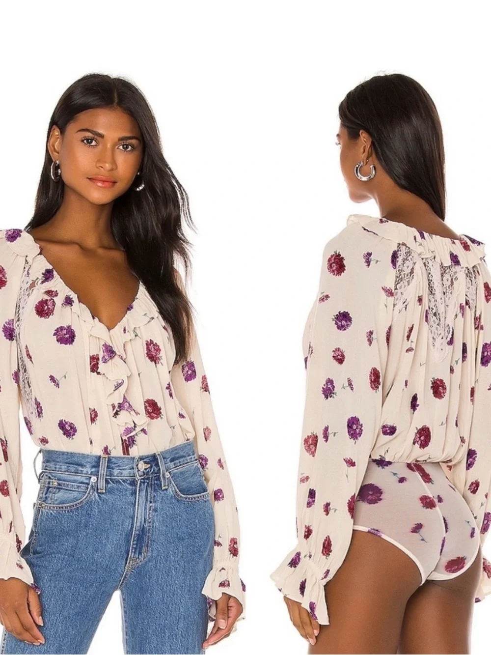 Free People Cream Floral Ruffle V-Neck Blouse NWT